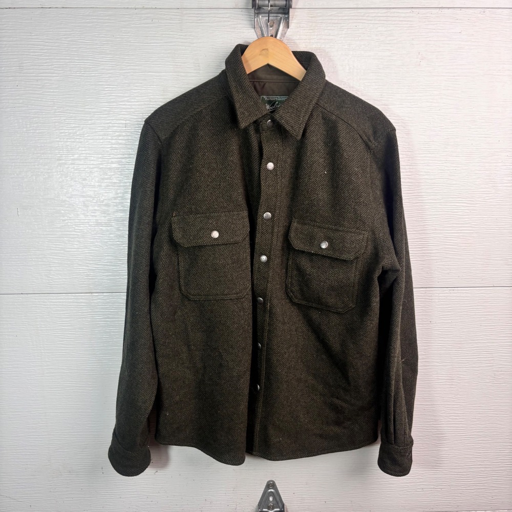 Woolrich Wool Jacket Olive Green Snap Front Shirt Shacket Medium Outdoor